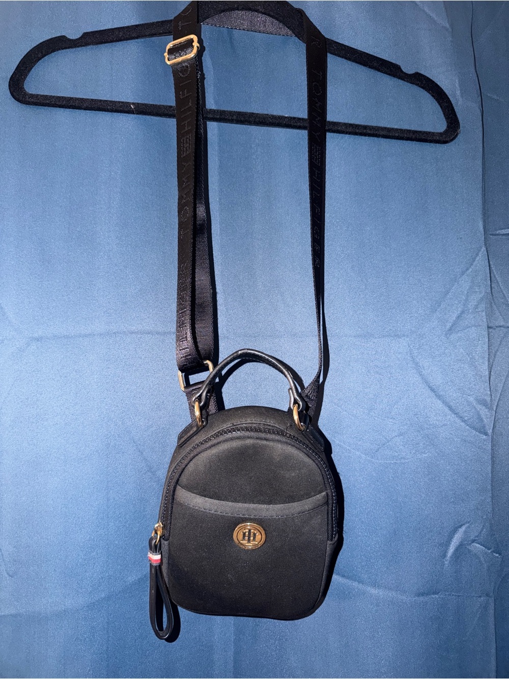 Tommy Hilfiger Black Mini Backpack Crossbody with Gold Hardware